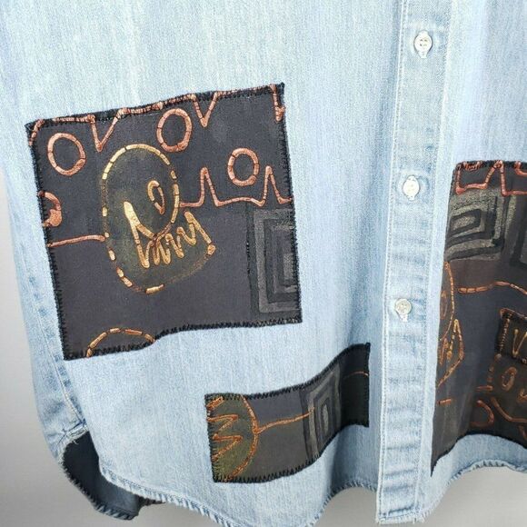 Vtg 90s Womens L Denim Blue Jean Shirt Oversized - Picture 3 of 8